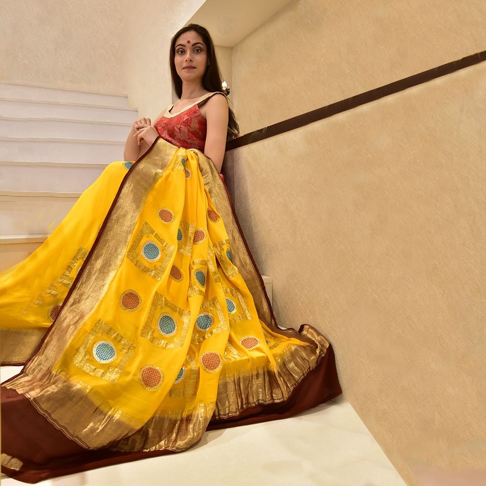 Yellow Printed Chiffon Saree With Woven Border