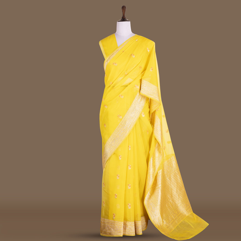 Buy Lemon Yellow Bengal Handloom Tant Cotton Saree (Without Blouse) Jamdani  13235 | www.maanacreation.com