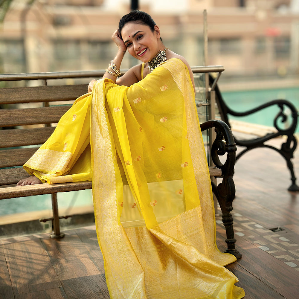 Light Yellow Kora Silk Banarasi Saree – Wearitage India